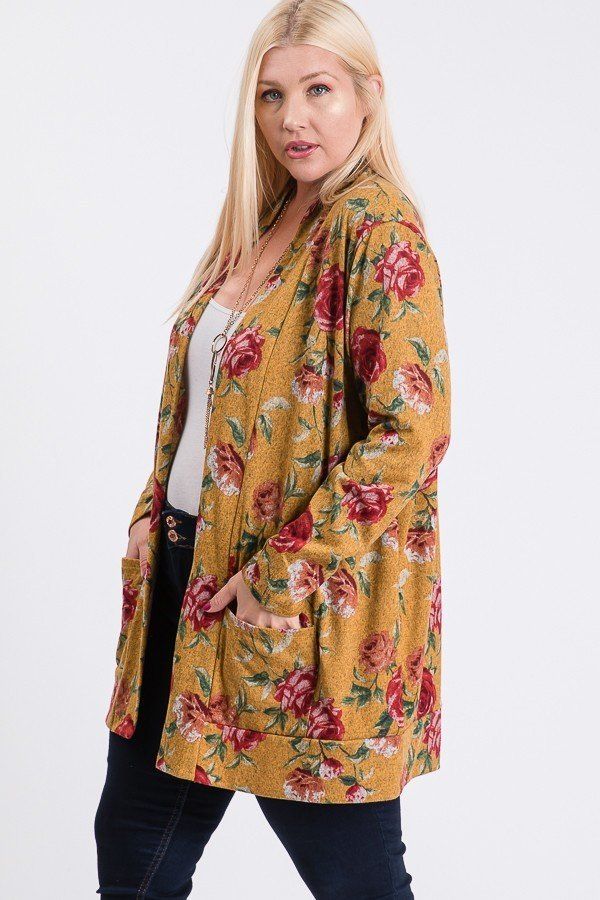 Plus Size Flower Print Pocket Flower Print Hacci Cardigan