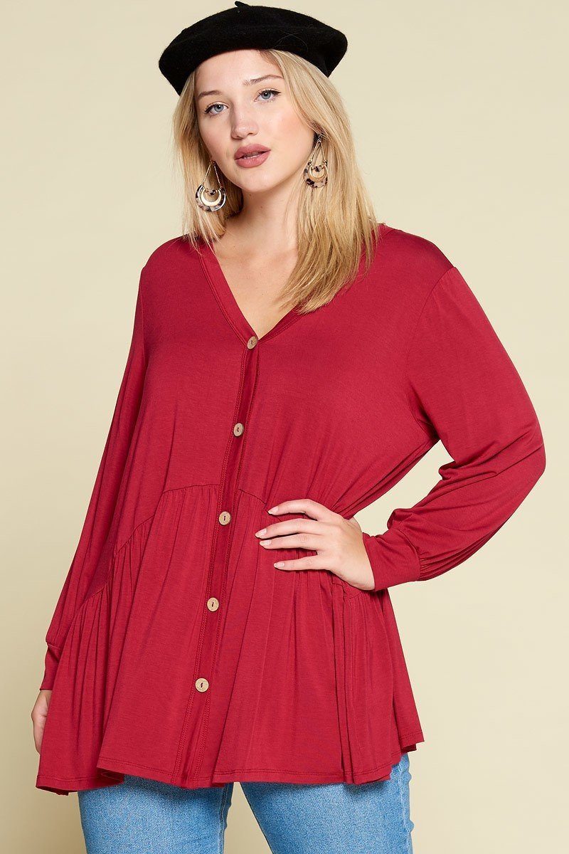 Plus Size Solid Heavy Rayon Modal Jersey Faux Button Up