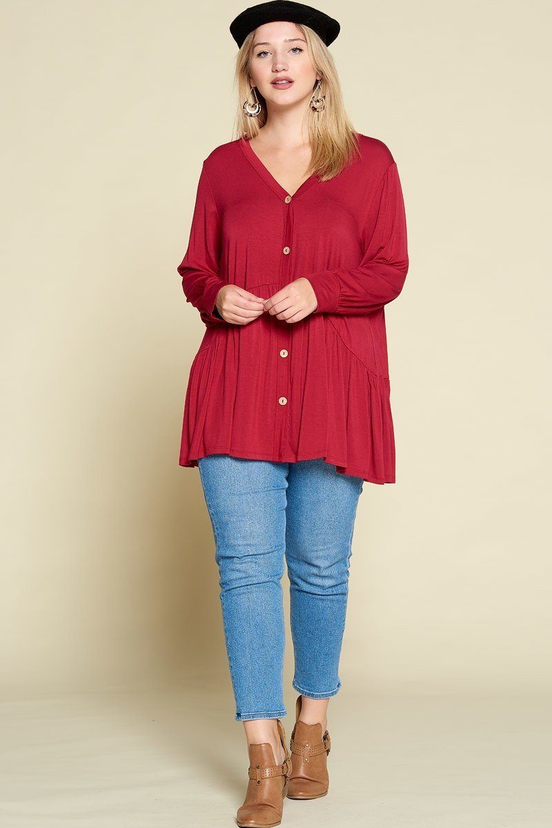 Plus Size Solid Heavy Rayon Modal Jersey Faux Button Up