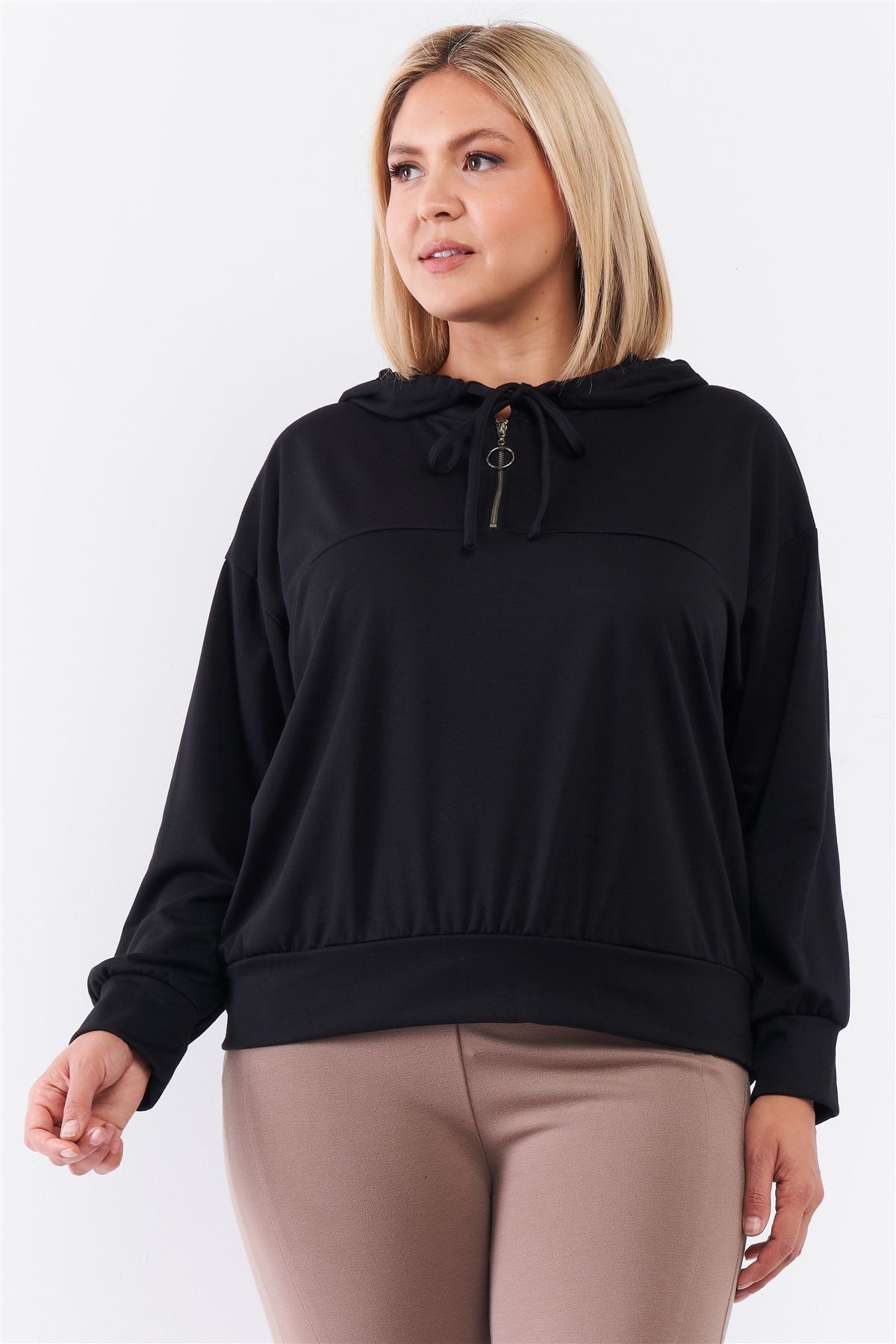 Plus Black Oversize High Neck Zip-up Detail Draw String Tie Hoodie Sweatshirt