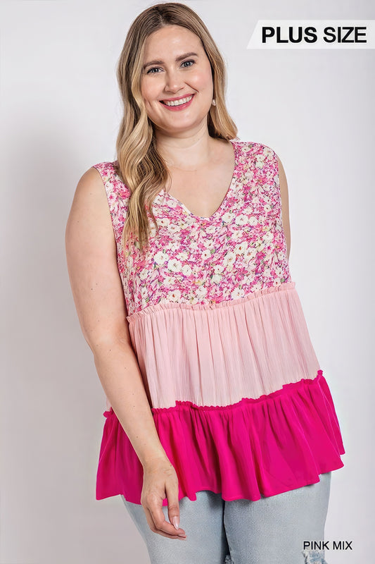 Floral Color Block Ruffle Detail Tiered V-neck Top